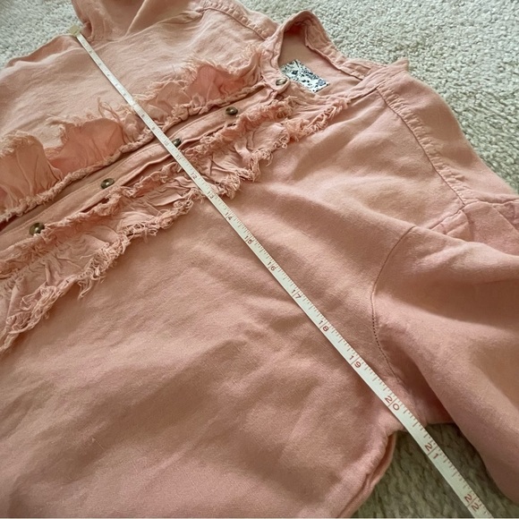 Ruffled Placket Shirt Button Down Linen Blend Peach M - Picture 9 of 10
